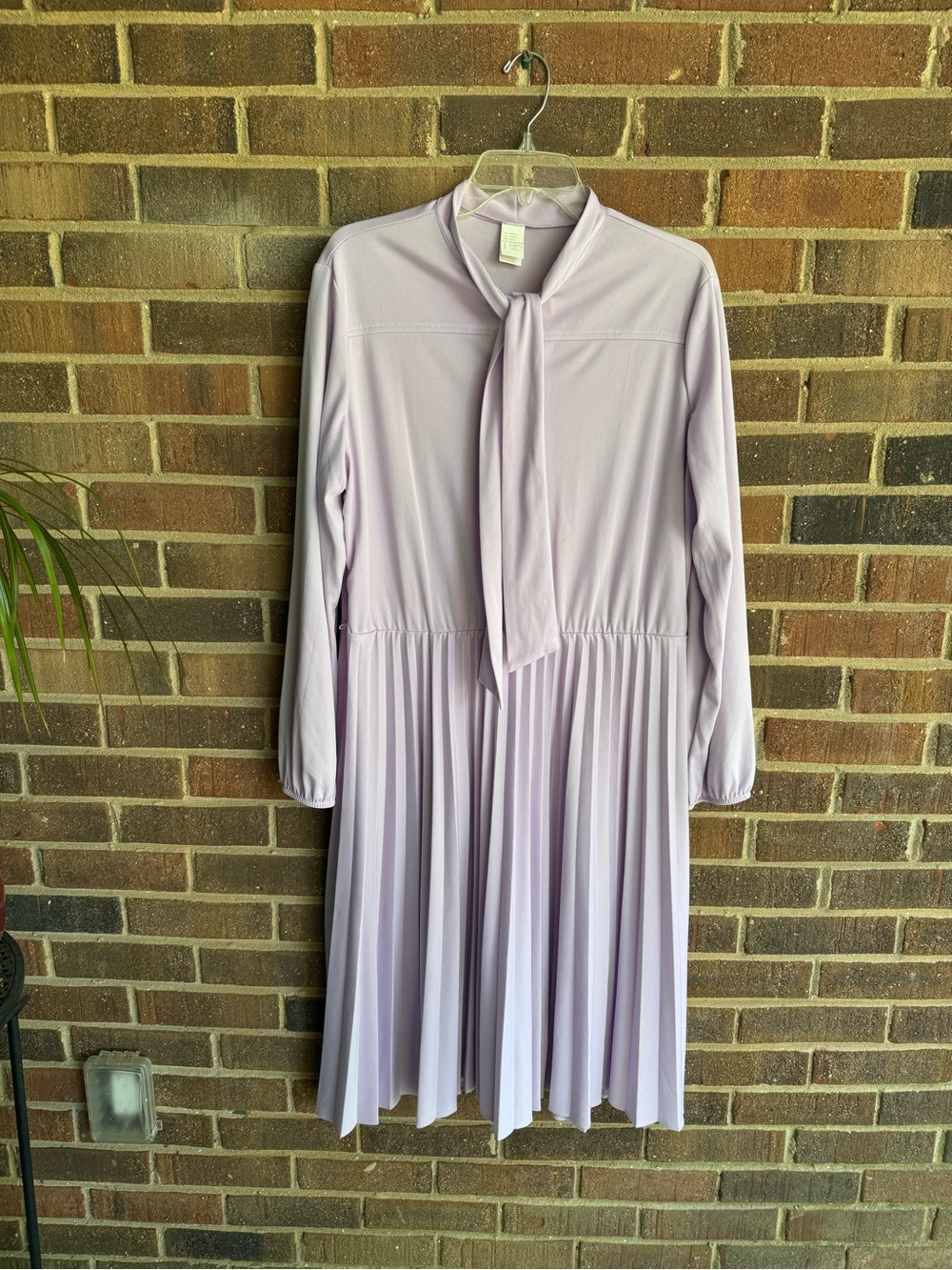 Vintage Lavender Pleated Long-Sleeve Tie-Neck Dress